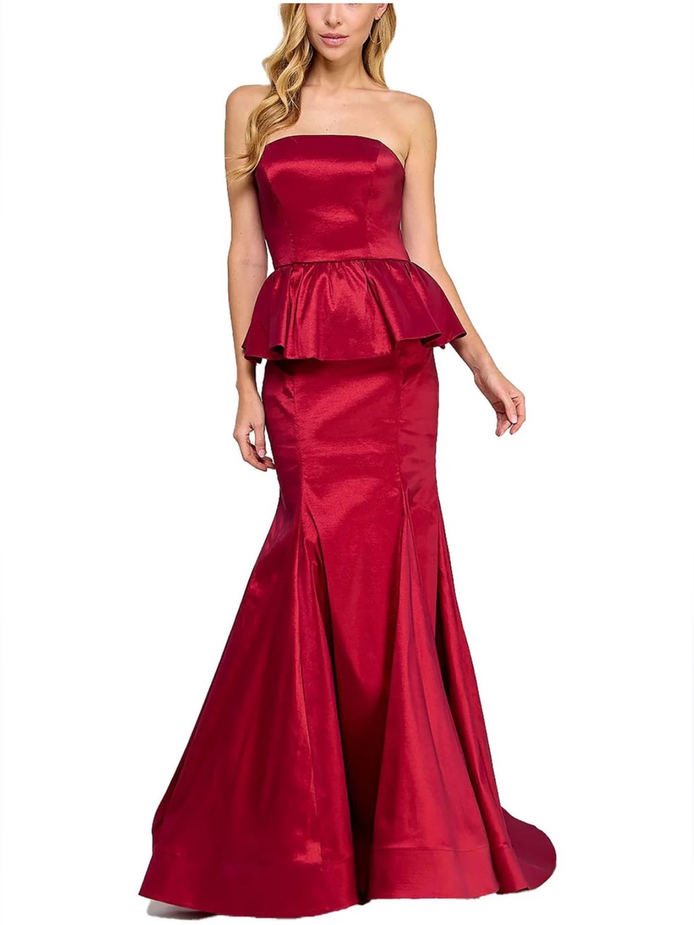 B Darlin Ruby Red Satin Strapless Peplum Mermaid Evening Gown Formal Dress 7/8